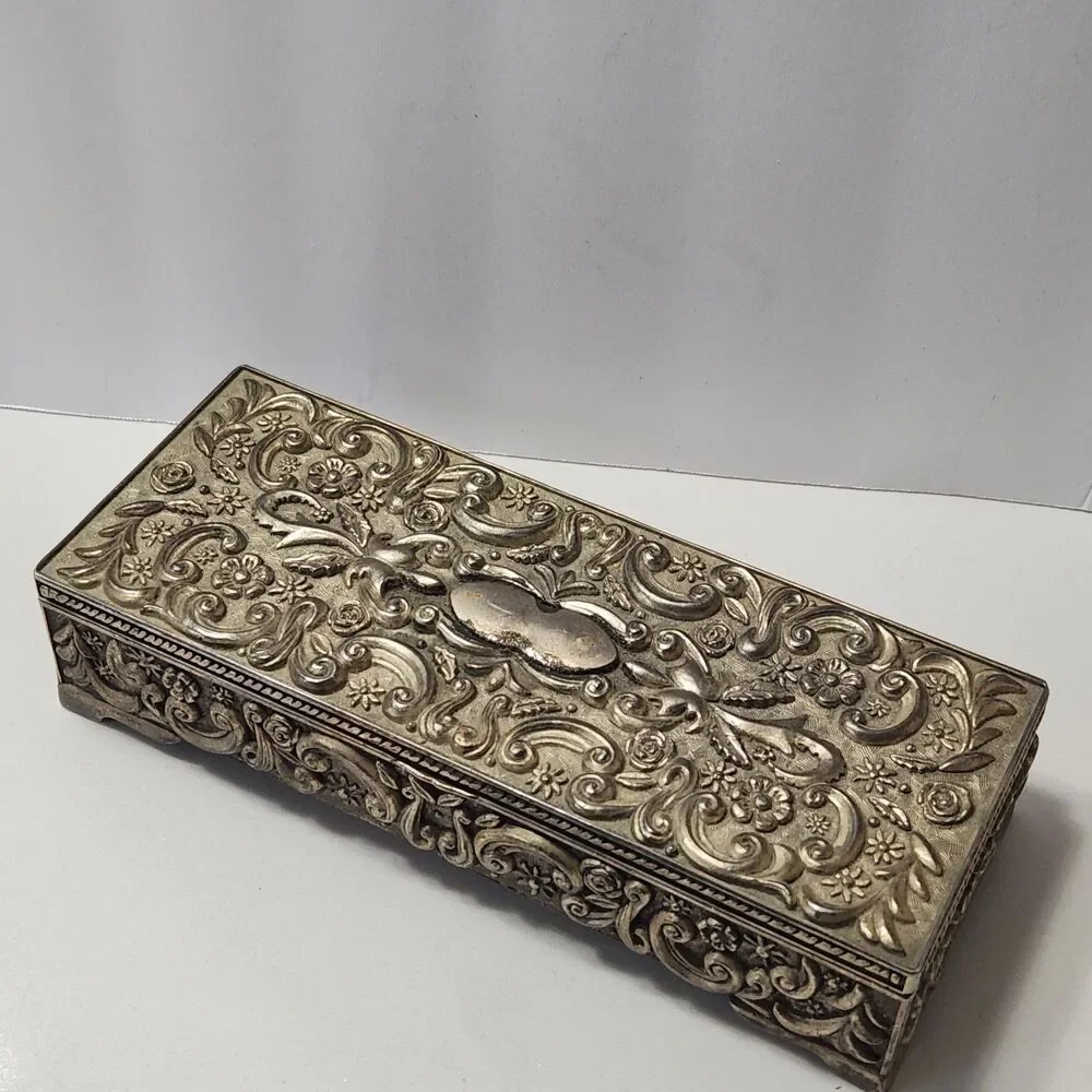 Godinger Vintage 1992 Silver Plate Ornate Rectangle Jewelry  Hinged Box Velvet